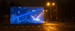 a realistic holographic Russian military checkpoint projected by the street lights