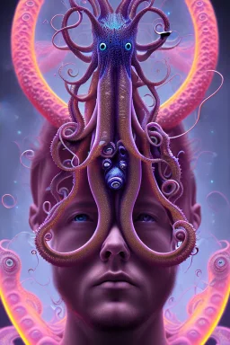 Spiritual being with Tentacles over human Head creating reality around, wrapping Tentacles around Human, Psychedelic