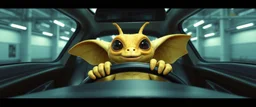 car driving happy 2d insect anime fluffy slimy alien gremlin man in the style of Escher and Giger and Fallout 4, pinhole cam, airbrush 3d rendering, on tv screen:A five-second cinematic single take in a clean industrial presentation hall.