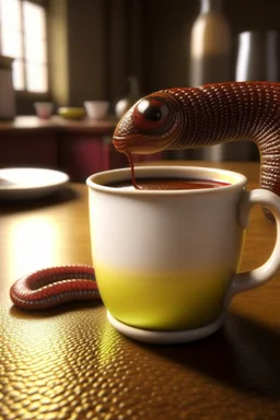 photorealistic leech drinking coffee