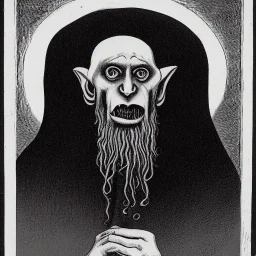 Nosferatu with four yellow eyes with fleshy tentacle hair beard grey skin and vampire fangs as a Russian Orthodox