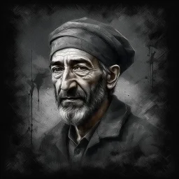 A an is of Moroccan Man wearing a fez , Hyper Realistic Aerial Grungy Dark-Grey Brush strokes on a dark rustic background with charcoals
