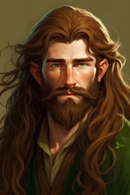 Hobbit, braune lange wilde Haare, große, dicker Nase, gepflegter kurzer Bart, kein Vollbart, grüne Augen, hübsch, sehr jung (etwa zwanzig Jahre) , Druide