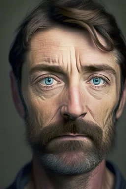 portrait of a human about forty years old, severe and attentive look, short light hair, aquiline nose, short beard and mustache,