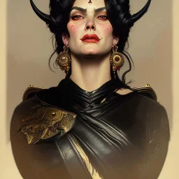 painting of evil goddess in black leather, angry, strong, volouptous, busty, cleavage, emperious, mature, highly detailed, digital painting, artstation, concept art, smooth, sharp focus, illustration, art by gaston bussiere and alphonse mucha