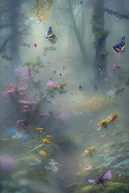 Pretty, misty woodland with flowers and bees and butterflies