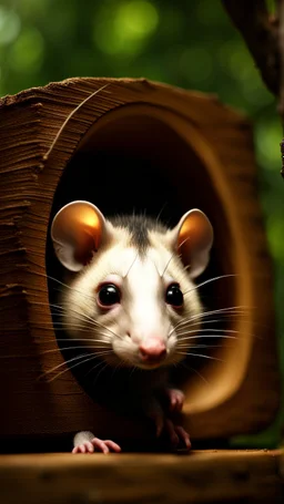 portrait of hairy rock guitar opossum living inside a tree house in a hollow huge tree growing light bulbs,bokeh like f/0.8, tilt-shift lens 8k, high detail, smooth render, down-light, unreal engine, prize winning