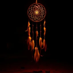 a dreamcatcher made of light, glowing internal light, natural red/brown tones, brown dirt ground long bottom, dark background