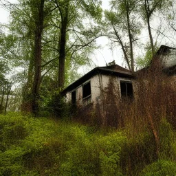 Building, overgrown, abandoned, town, hill, forest