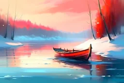 Winter landscape with ice lake and boat colorful painting , 8k , cinematic