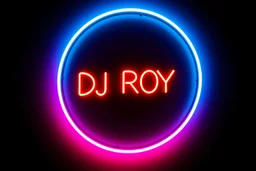 A simple neon sign labeled "DJ ROY" black background