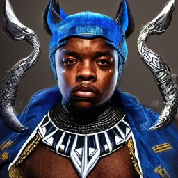 Fantasy, Nigeria rapper olamide badoo as black panther, heroic, award winning, insanely detailed, sunlit, realistic, ocean,acrylic paint, 8k resolution, hdr, trident