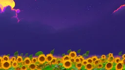 purple sky full of stars, sunflower field, anime
