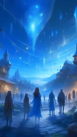 Magical realm, meteorite falling on earth, elvish town, people wearing blue, 4k, digital art