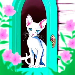 A chocolate point Oriental shorthair siamese kitten peeks out from a heart-shaped opening in a weathered turquoise door,surrounded by delicate pink flowers & green vines.The kitten's large,expressive eyes & soft fur create a charming & whimsical scene.realistic watercolor illustration vampiress, gothic attire, moonlit, alluring grin