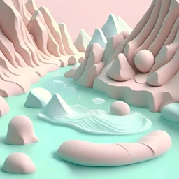 rafting river water, in 3d clay animation style, calm white and pastel background