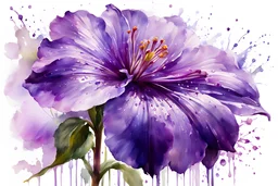mpressionistic, runny wet watercolor painting, Willem Haenraets style, ((best quality)), ((masterpiece)), ((realistic, digital art)), (hyper detailed), intricate details, (one) violet colored glycine flower, closeup, white background, vivid coloring, some splashes