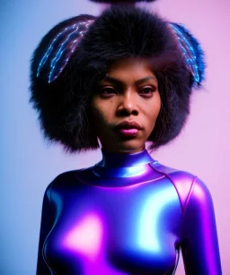 Artist, young tina turner, android woman, sweet, clean skin, afro hair, circuits, ghost in the shell, latex coat, feather, cyber punk, neon, bamboo, blood, portrait, studio photo, unreal engine 5, soft color, 16 bit, god lights, ray tracing, RTX, lumen lighting, ultra deatail, volumetric lighting, 3d, finely drawn, hd.