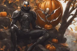 Monarch venom with pumpkin head in nier automata artstyle, halloween them, close picture, fantasy world, intricate details, highly detailed, high details, detailed portrait, masterpiece,ultra detailed, ultra quality