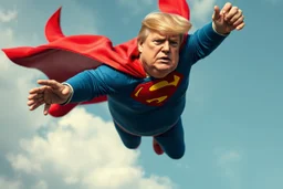 a thoroughly confused, frail, elderly and obese donald trump flying through the air dressed as superman