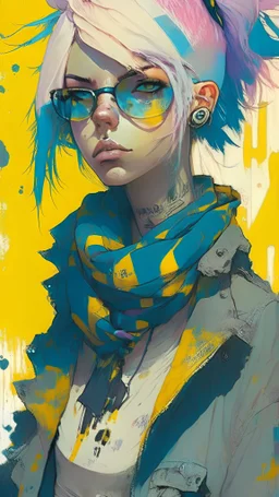 highly detailed portrait of a sewer emo punk lady student, sunglasses, blue eyes, tartan scarf, white hair by atey ghailan, by greg rutkowski, by greg tocchini, by james gilleard, by joe fenton, by kaethe butcher, gradient yellow, black, brown and magenta color scheme, grunge aesthetic!!! graffiti tag wall background