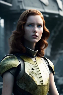 ultrarealistic, ruined city,__sci-fi futuristic armor__, __angles__, 18 year old woman, strikingly beautiful, ginger hair, _colour_, [__starlets__|__starlets__], (pale __skincolor__ skin:1.2), __camera__, _hair_, detailed face and eyes, medium breasts, leather choker, freckles, dynamic pose, resolved expression, __accessory__, strappy outfit, (straps:1.1), sword in scabard on left hip, (buckles, buttons, snaps, rings:1.0), haltertop style breastplate, detailed eyes, plump lips, sci-fi theme