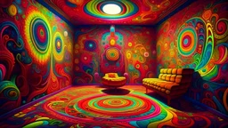 a surreal medium artwork of a psychedelic room, with vibrant spirals and mesmerizing fractals, where the walls and furniture melt seamlessly into the psychedelic patterns. The room is filled with vibrant colors and surreal melting effects, creating a mind-bending visual experience. The artwork is highly detailed, capturing the intricate beauty of the spirals and the mesmerizing complexity of the fractals. The melting effects are realistic, giving the illusion that everything in the room is fluid