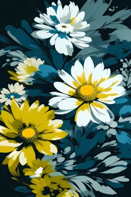 A vibrant floral WATER COLOR pattern featuring large white and yellow flowers with blue and gray accents, set against a dark background