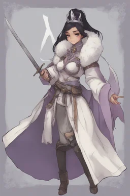 A dnd character sheet. A woman dressed for the cold north, with black hair and lilac eyes. She is a cleric with a sword.