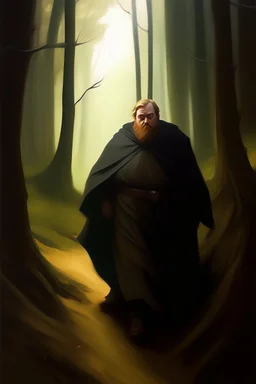 1970's dark fantasy cover dnd style oil painting of obese fat obi-wan kenobi into the woods with minimalist far perspective