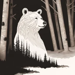 M shaped bear head combined with woods silhouette in backround, letterpress style, minimalistic pencil art