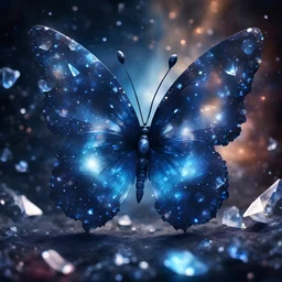 crystal butterfly made of gems made of different shades of blue, dark blue nebula galaxy in background, amibent mood,16k resolution photorealistic, masterpiece, hight contrast, depth of field, breathtaking intricate details, realistic and lifelike cgi, dramatic natural lighting, reflective catchlights, high quality CGI VFX fine art