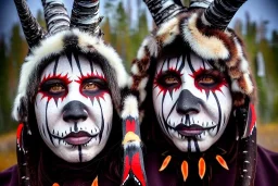 Northern Native people, indigenous, birch-bark face-cover, Kekripukki, Scary Horns, Midwinter, Ghost, Mystic, Haunted Children, Witch, Wizard, Sage, Traditional Costumes, Full Face Painted colorfully. Arctic Hills, Strange trees, Haunting Atmosphere, Crazy, North-Carelia, Karelia, Karjala, Karjalainen, traditional Carelian costumes, black tears, little haunting girl running in the background