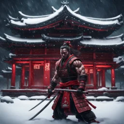 Hyper Realistic muscular-samurai training outside a Dark-Abandoned-Red-Colored-detailed-crafted-Chinese-Temple Almost Covered in Snow at dark-snowfall-night