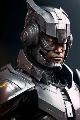 Cyborg armor with helmet on head serious face