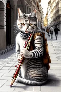 One single mature cat playing flute on the street, Vienna, friendly, model style, hyper realistic, extremely accurate, delicate, extremely detailed, Graphic novel style, wide-angle, open aperture, superfine pencil