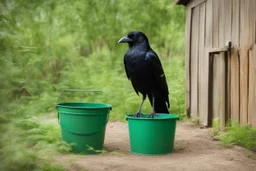 Generate an image of crow with eyes widened in surprise as he spots a shiny bucket near a cottage. Emphasize the contrast between the dry forest and the hint of water near the cottage.