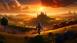 High quality wide shot of Super Mario on a hill overlooking a field, fantasy, epic, battle, army, fire, ruins, dragon, demons, buff, backshot, fog, sunset