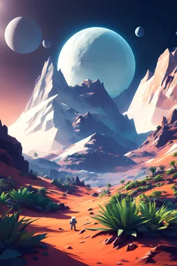 (((close midshot))), (((low poly art:2))), (astronaut), ultra-detailed illustration of an environment on a dangerous:1.2 exotic planet with plants and wild (animals:1.5), (vast open world), astroneer inspired, highest quality, no lines, no outlines candid photography.