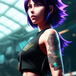 revy black lagoon, purple hair, black tank top, jean shorts, tribal sleeve left arm, portrait shinkai makoto, studio ghibli, studio key, madhouse anime studio, artgerm, lau rossdraws james jean marc simonetti pixiv