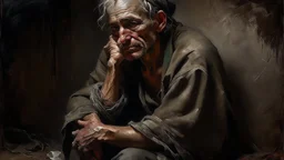 A spectacularly exquisite painting of poverty, every stroke exudes a sense of raw despair yet hidden beauty: the worn and threadbare clothes on a hunched figure, their tired eyes reflecting a bleak reality. The textures and colors are expertly captured, with subtle nuances that reveal depths of emotion. The composition is expertly crafted, showcasing the skill of the artist in evoking profound empathy from the viewer. This artwork seamlessly merges the themes of destitution and resilience, creat