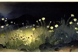 Landscape with night, mountains, flowers, rocks, winslow homer watercolor paintings