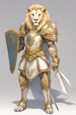 Humanoid lion knight wearing white and gold armor, wearing a white and gold cape, holding a large sword and shield