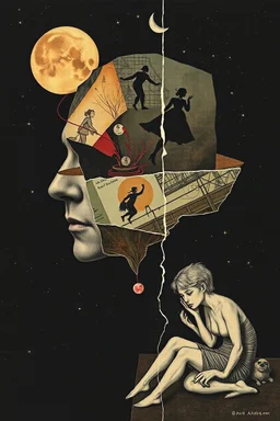 subconscious predictive demoralization, surreal, metaphoric, minimal, fragmented illustrated collage, 3 stages of grief, by Dave McKean and Esau Andrews