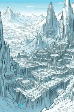 An ancient city trapped in an eternal glacier. The necropolis seems frozen in time. Fine line draw