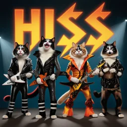 Four cats dressed as KISS band members, each with iconic black-and-white face paint and rock costumes, standing in a dramatic pose under the word 'HISS' in bold orange-yellow gradient letters with lightning bolt-style 'S', parody style, humorous and theatrical atmosphere, studio lighting, sharp details.