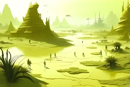 A light yellowish green swamp with bugs in daylight designed in ancient Egyptian hieroglyphics painted by Zhang Lu