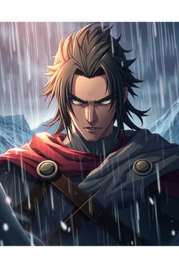 3d anime warrior man portrait , pale lights, rain, storm, sharp focus, mountain, crepy, dark fantasy landscape, random background, professional anime art