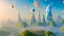 high definition picture of a dreamy and surreal composition of a transparent cristal future city floating among the clouds, surrounded by magical elements, with a sun setting in the distance, soft sun light, 4K