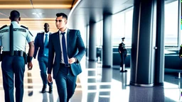 2 security officers escort annoyed man in suit from airport lounge